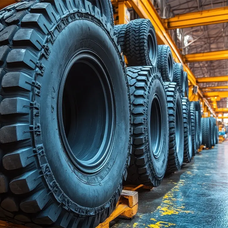 big tires in a warehouse