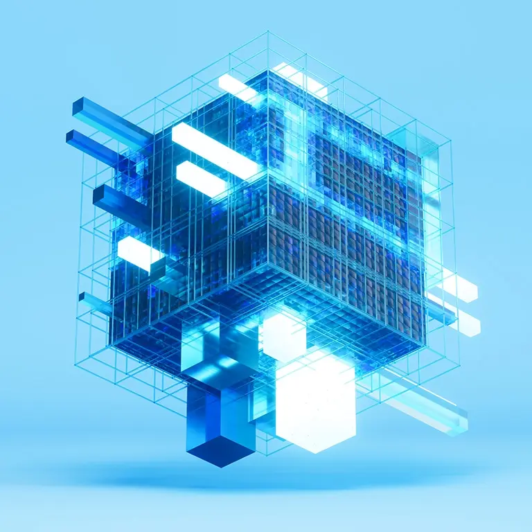 futuristic cube with protruding prisms and lights