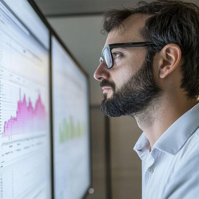 side view of a man looking to a screen with data