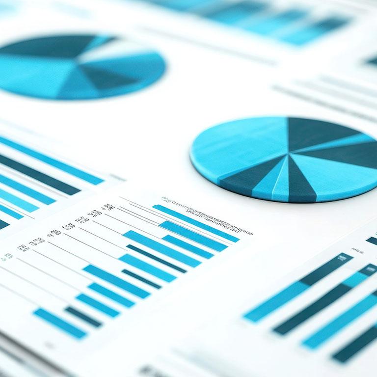 close-up of blue pie charts and bar graphics