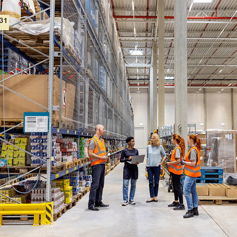 Warehouse team discussing operations and logistics among stocked shelves and pallets