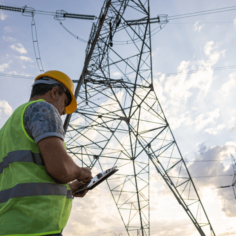 person in a hard hat looking at powerlines