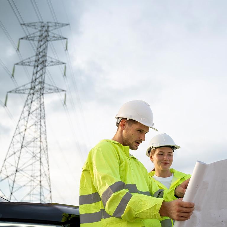 people in reflective vests reading blueprints in front of electrical tower