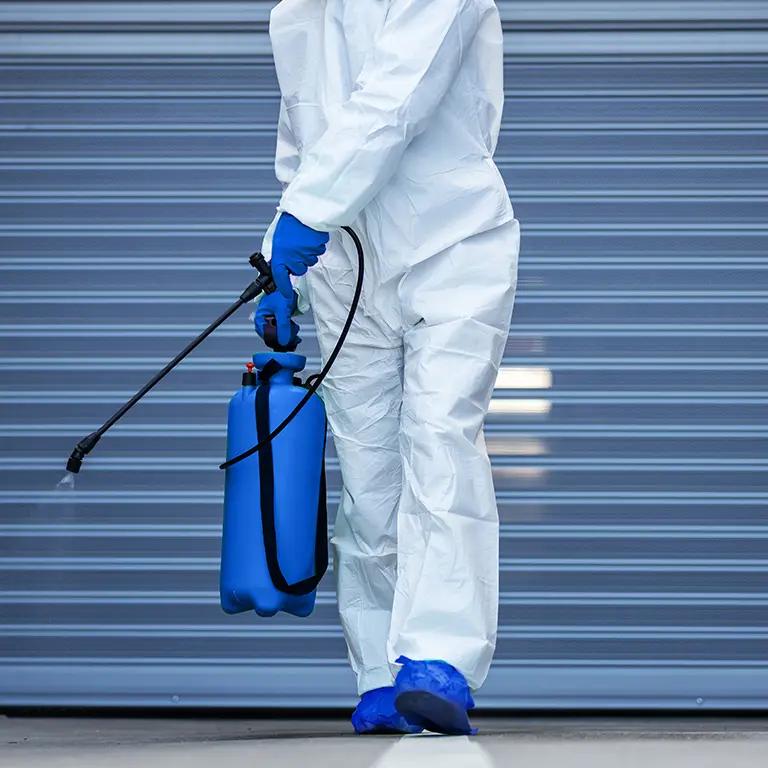 person spraying pest spray in ppe suit
