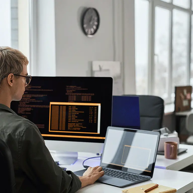 man looking at laptop and monitor