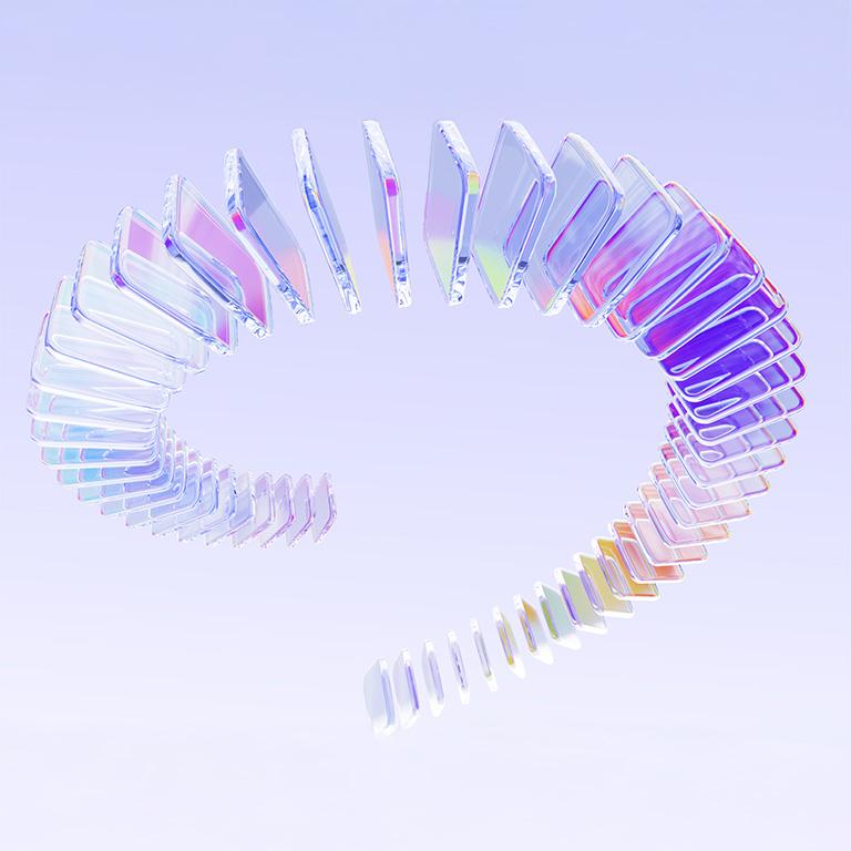 Abstract iridescent glass shapes forming a dynamic spiral on a soft lavender background, representing innovation, transformation, motion, and modern digital technology.