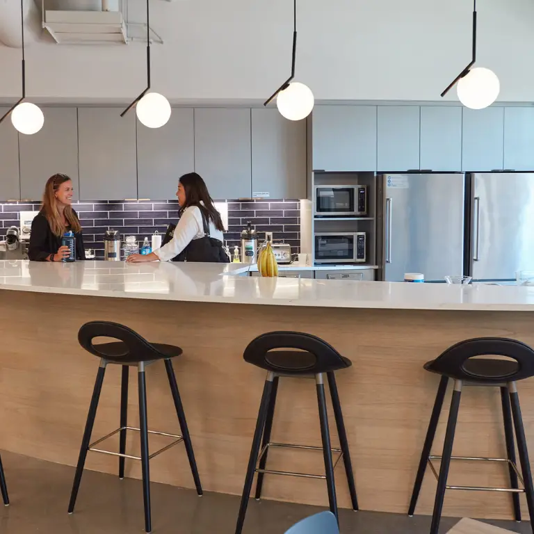 Two women chatting at a counter