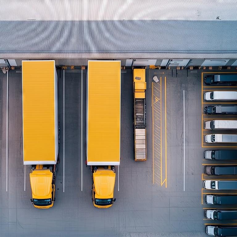 birds eye view of trucks at a loading dock