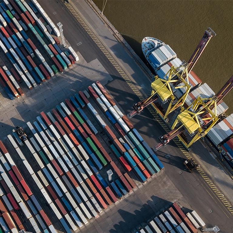 birds-eye-view of trucks at a loading dock
