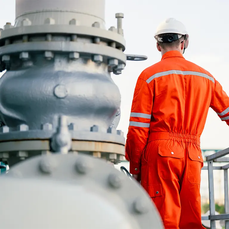 man in utility suit standing next to a large pipe