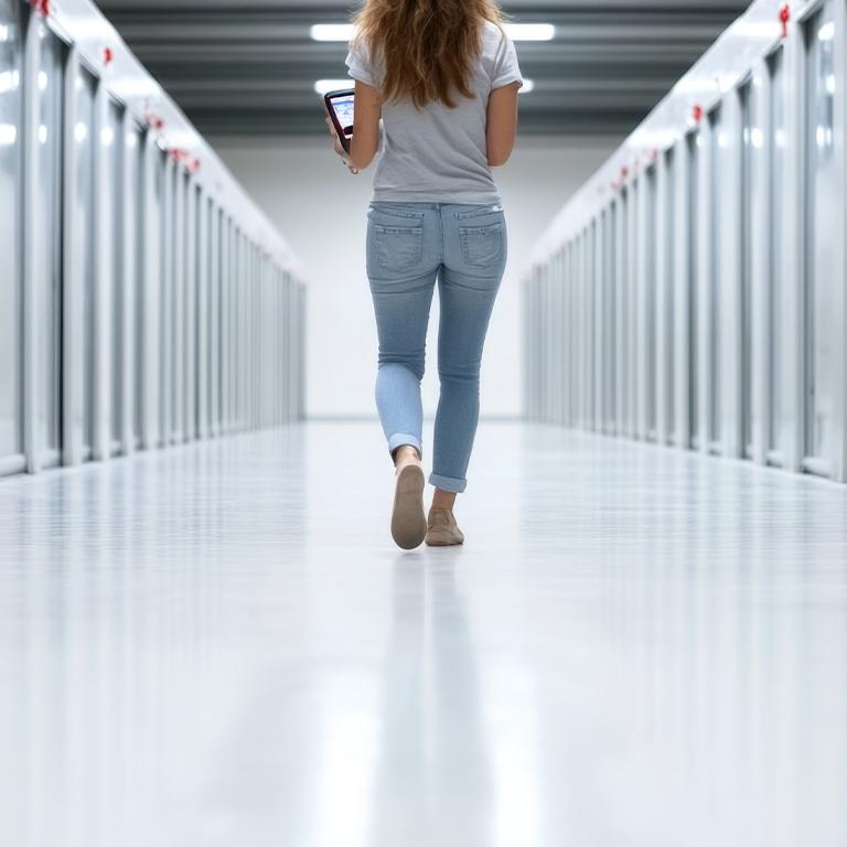 woman walking through a room with doors