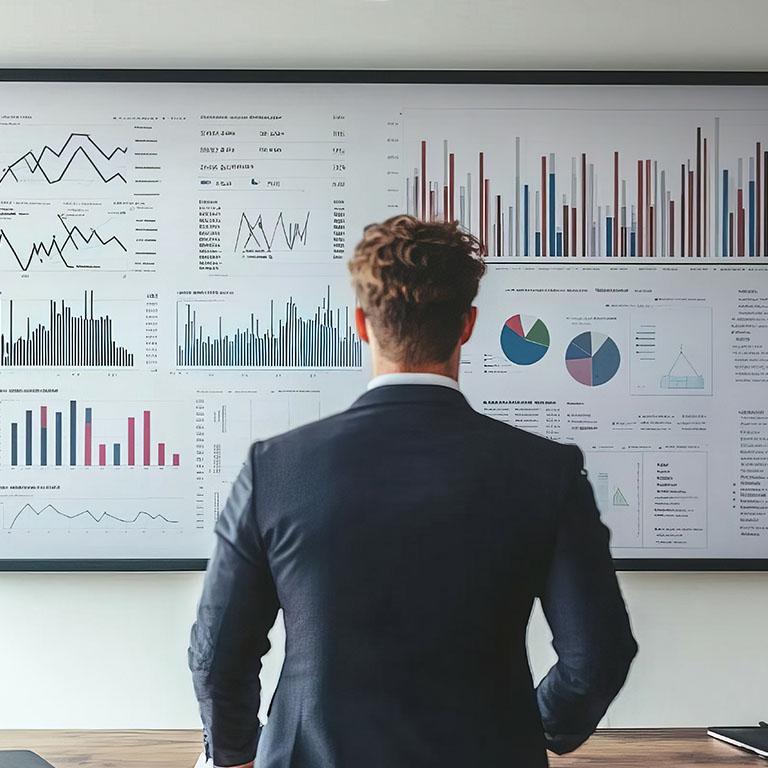 back view of a man in suit looking at a board with data and charts