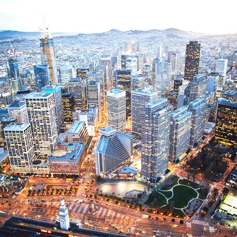 birds eye view of a brightly lit city